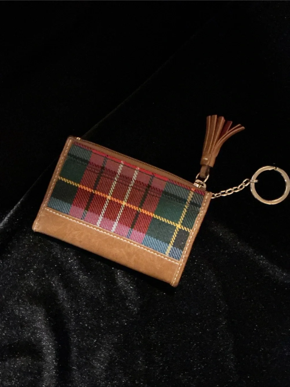 Coach Plaid Card Case Keychain in Red, Green & Brown - Picture 2 of 2